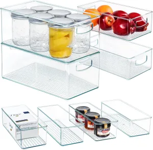Hudgan 8 PACK Stackable Pantry Organizer Bins (3 sizes) - Clear Fridge Organizers for Kitchen, Freezer, Countertops, Cabinets - Plastic Food Storage Container with Handles for Home and Office