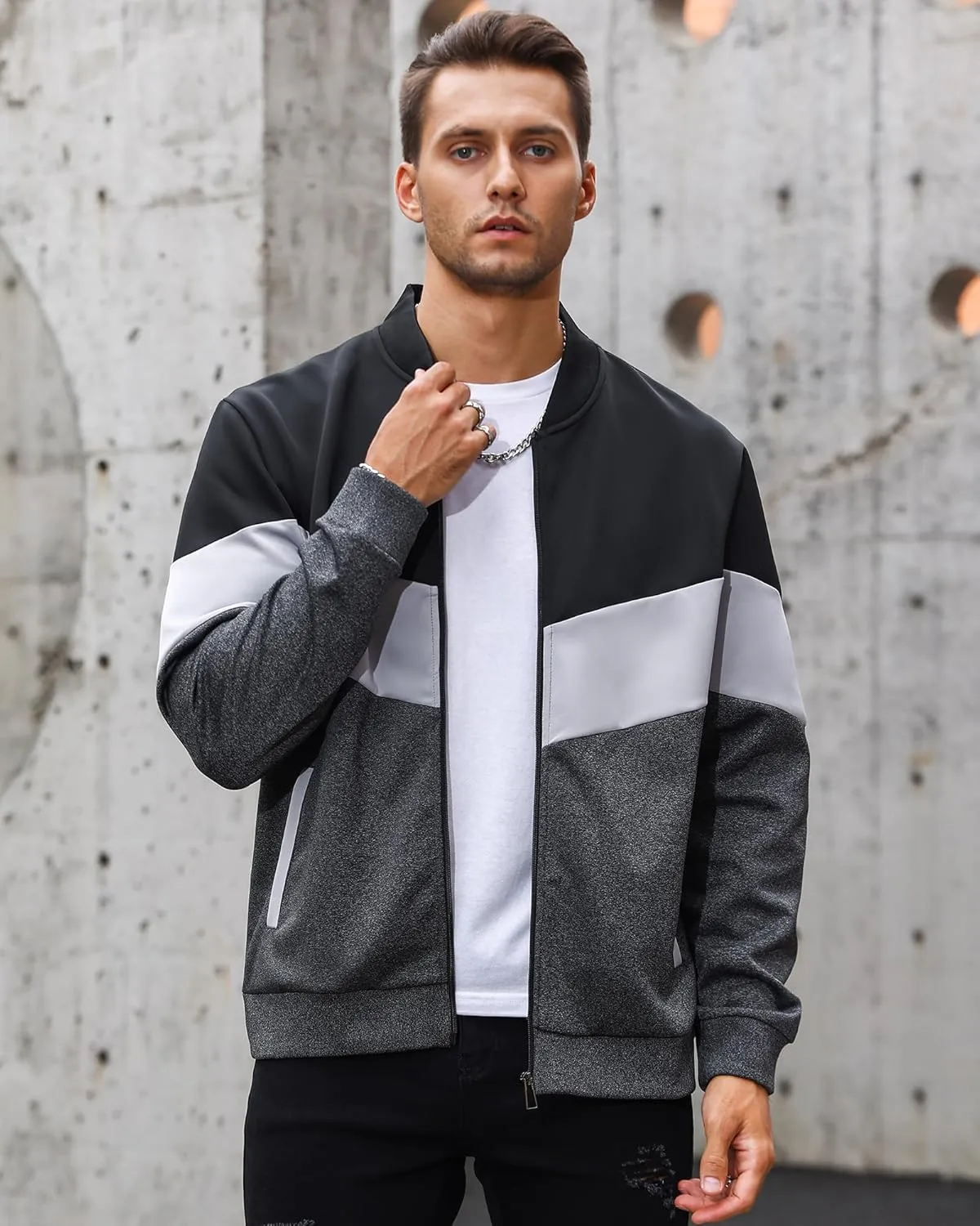 HYPESTFIT Mens Lightweight Jacket Casual Bomber Jacket Color Block Varsity Coat