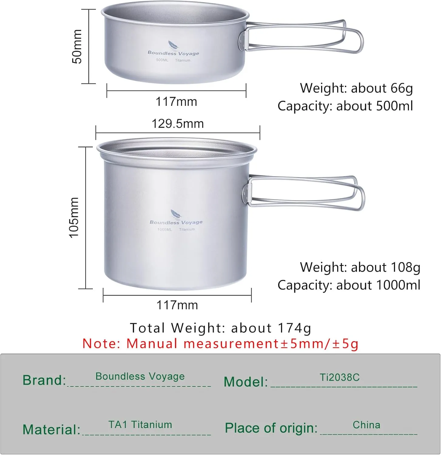 iBasingo 2 Piece-Set Titanium Bowl Pot Set with Folding Handle Outdoor Camping Picnic Pan Ultralight Cooking Tableware Picnic Dishes