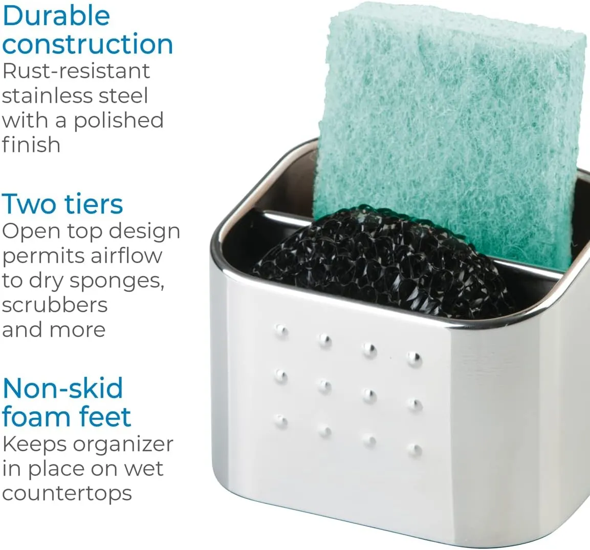 iDesign Forma Polished Stainless Steel Sink Organizer Set with Sponge and Scrubby - 3.1" x 4" x 3.1"