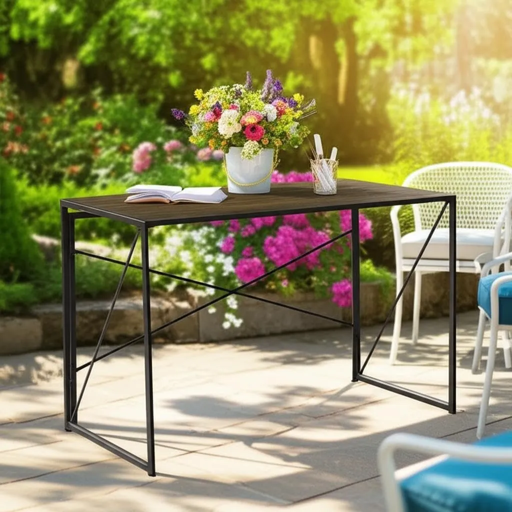 Industrial Folding Patio Table – Rustic Brown Wood-Look Top with Metal Frame, Compact & No-Assembly Design, Ideal for Outdoor Dining, Camping, or Balcony Use