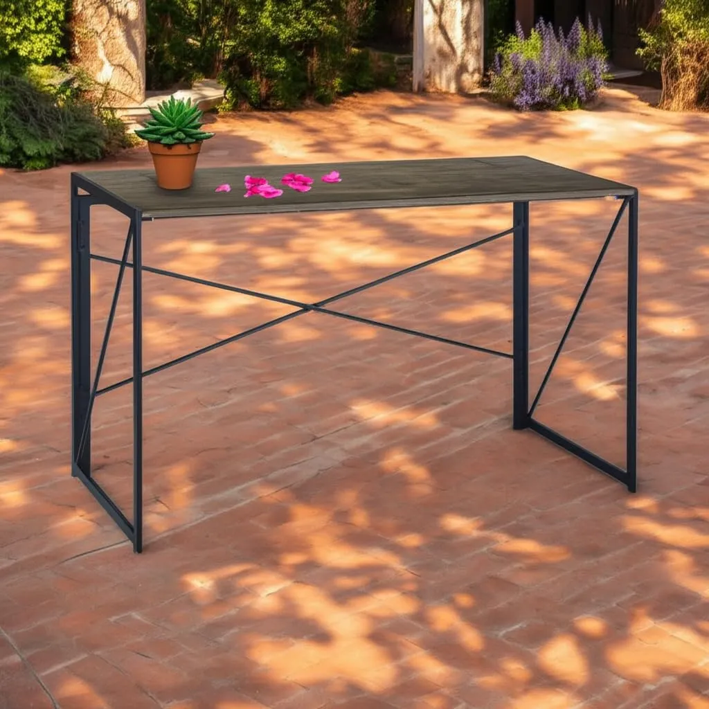 Industrial Folding Patio Table – Rustic Brown Wood-Look Top with Metal Frame, Compact & No-Assembly Design, Ideal for Outdoor Dining, Camping, or Balcony Use