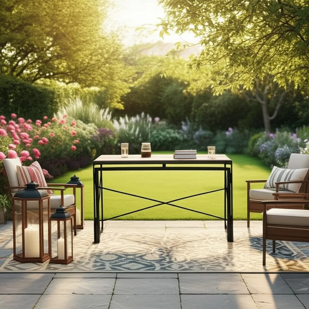 Industrial Folding Patio Table – Rustic Brown Wood-Look Top with Metal Frame, Compact & No-Assembly Design, Ideal for Outdoor Dining, Camping, or Balcony Use