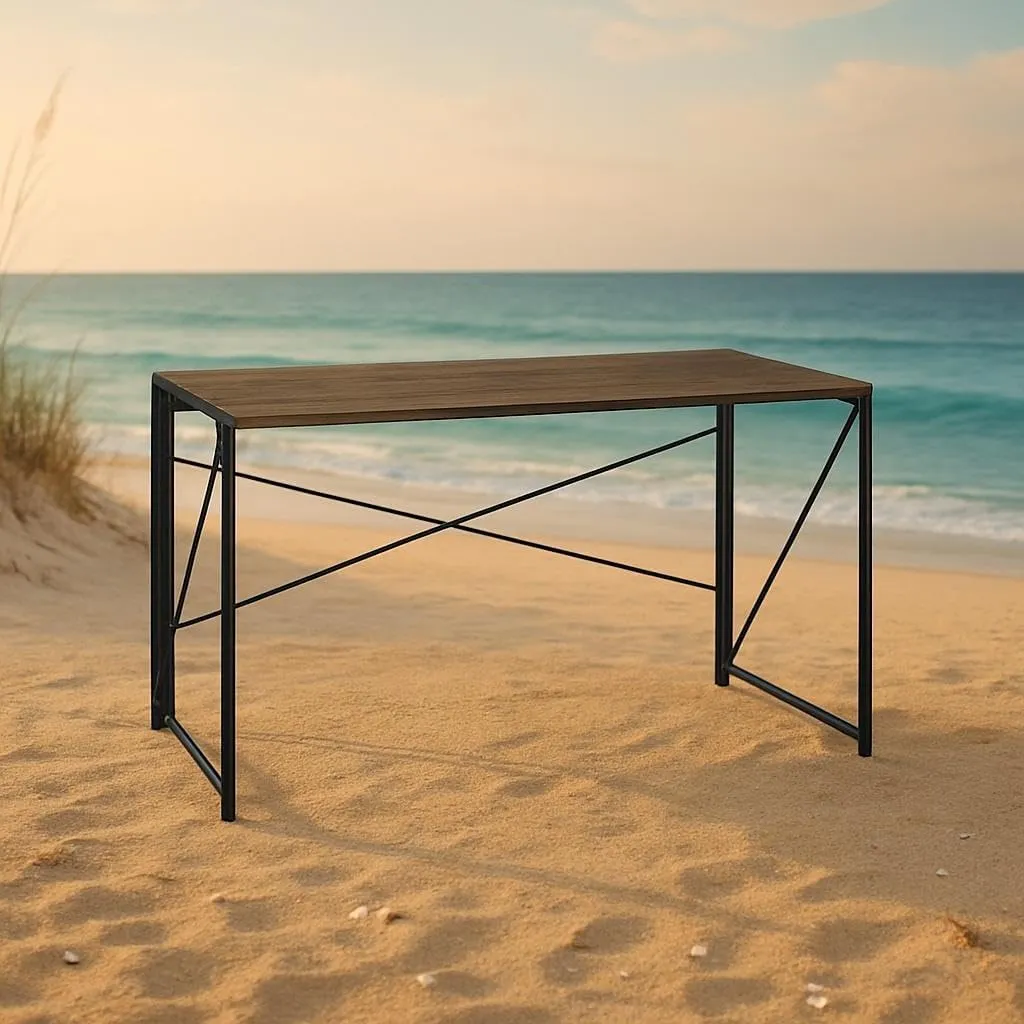 Industrial Folding Patio Table – Rustic Brown Wood-Look Top with Metal Frame, Compact & No-Assembly Design, Ideal for Outdoor Dining, Camping, or Balcony Use