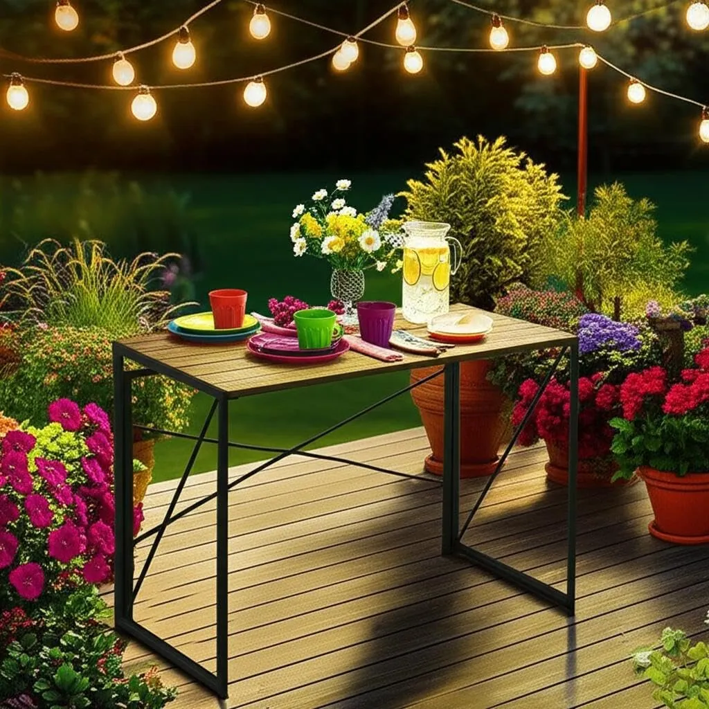 Industrial Folding Patio Table – Rustic Brown Wood-Look Top with Metal Frame, Compact & No-Assembly Design, Ideal for Outdoor Dining, Camping, or Balcony Use