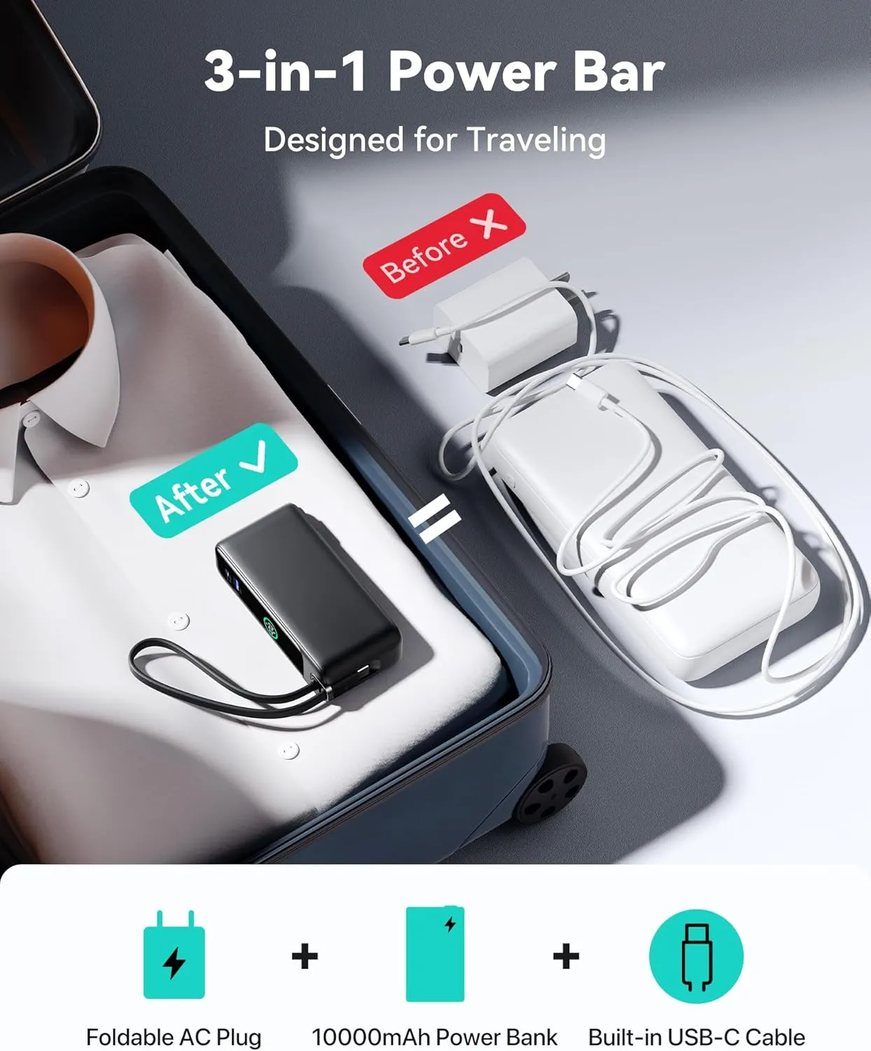 INIU 3-in-1 Portable Charger, 10000mAh 30W Fast Charging Power Bank with Built-in USB C Cable and Foldable AC Plug, Travel Essentials Compact Battery Pack for iPhone 16 15 Samsung S25 S24 iPad etc