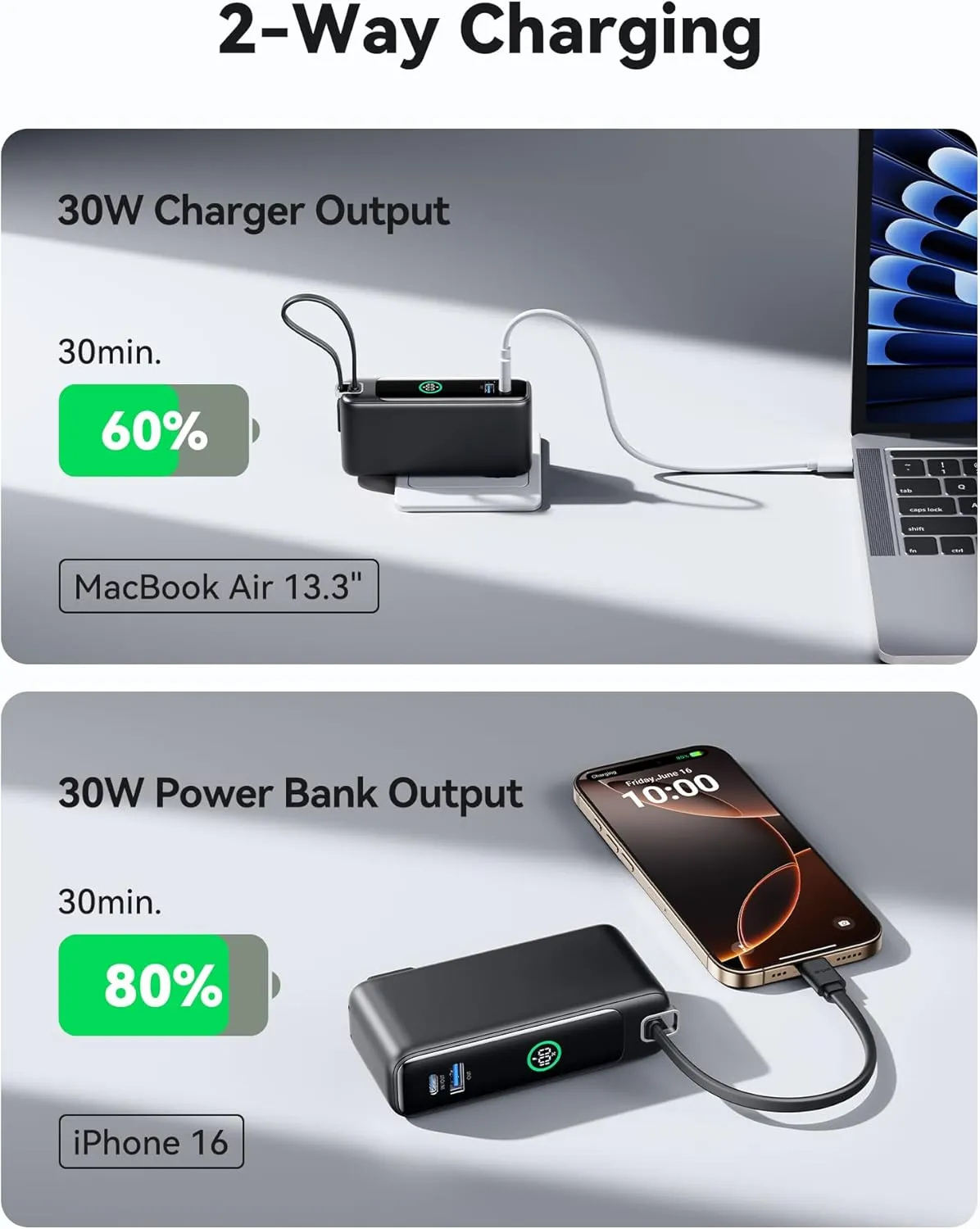 INIU 3-in-1 Portable Charger, 10000mAh 30W Fast Charging Power Bank with Built-in USB C Cable and Foldable AC Plug, Travel Essentials Compact Battery Pack for iPhone 16 15 Samsung S25 S24 iPad etc