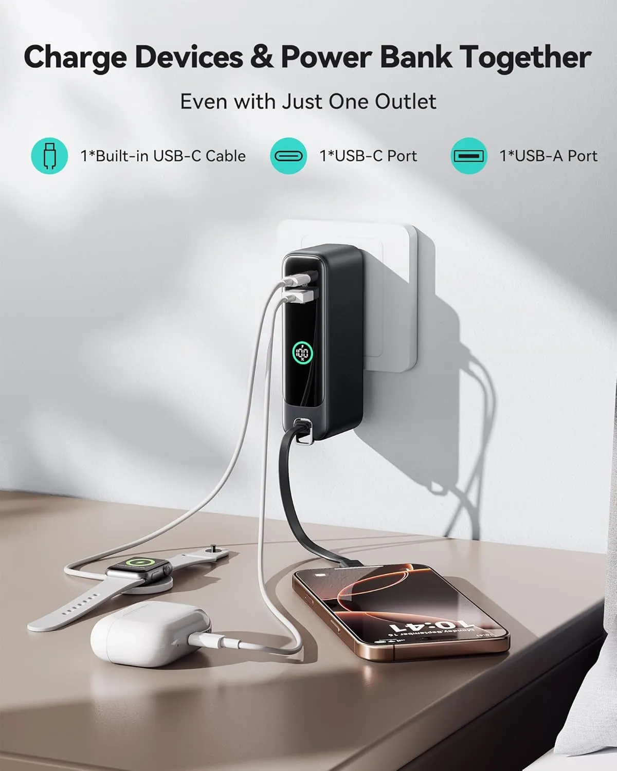 INIU 3-in-1 Portable Charger, 10000mAh 30W Fast Charging Power Bank with Built-in USB C Cable and Foldable AC Plug, Travel Essentials Compact Battery Pack for iPhone 16 15 Samsung S25 S24 iPad etc
