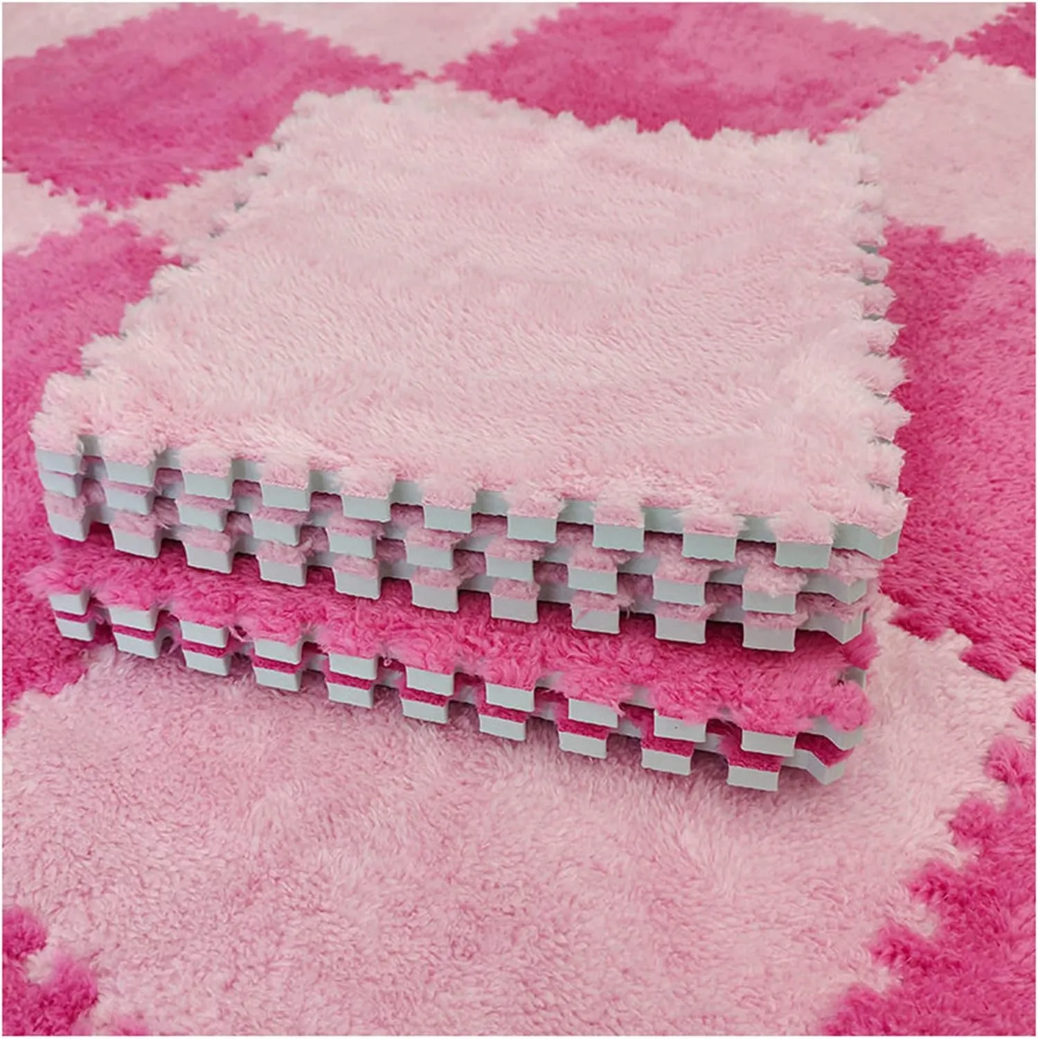 Interlocking Carpet Tiles 10 Piece Plush Foam Square Floor Mats Set 12X12Inch Interlocking Fluffy Plush Puzzle Playmat with Border 10 Tiles/10 Sq.Ft Rose Red Pink Color Option