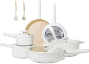 JEETEE Ceramic Cookware Sets 17pcs, Pots and Pans Set Non Stick, Healthy Induction Kitchen Cooking Set with Removable Handles, Stackable Pots Pans, Oven Safe, PFOA/PFOS Free, Beige