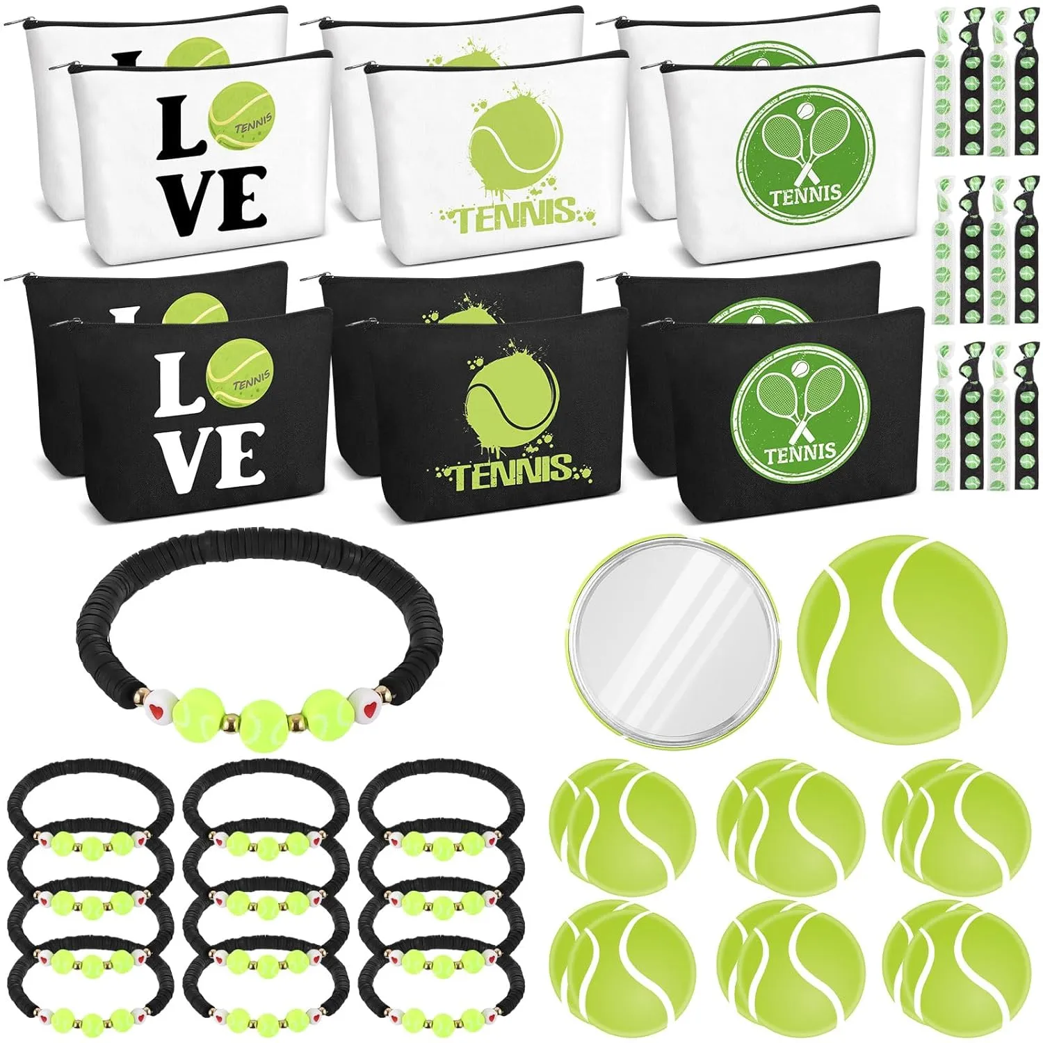 Kacctyen 48 Pcs Tennis Lover Gift Set Makeup Bags, Compact Mirrors, Hair Accessories for Tennis Parties Travel Organizer and Gifts for Female Athletes