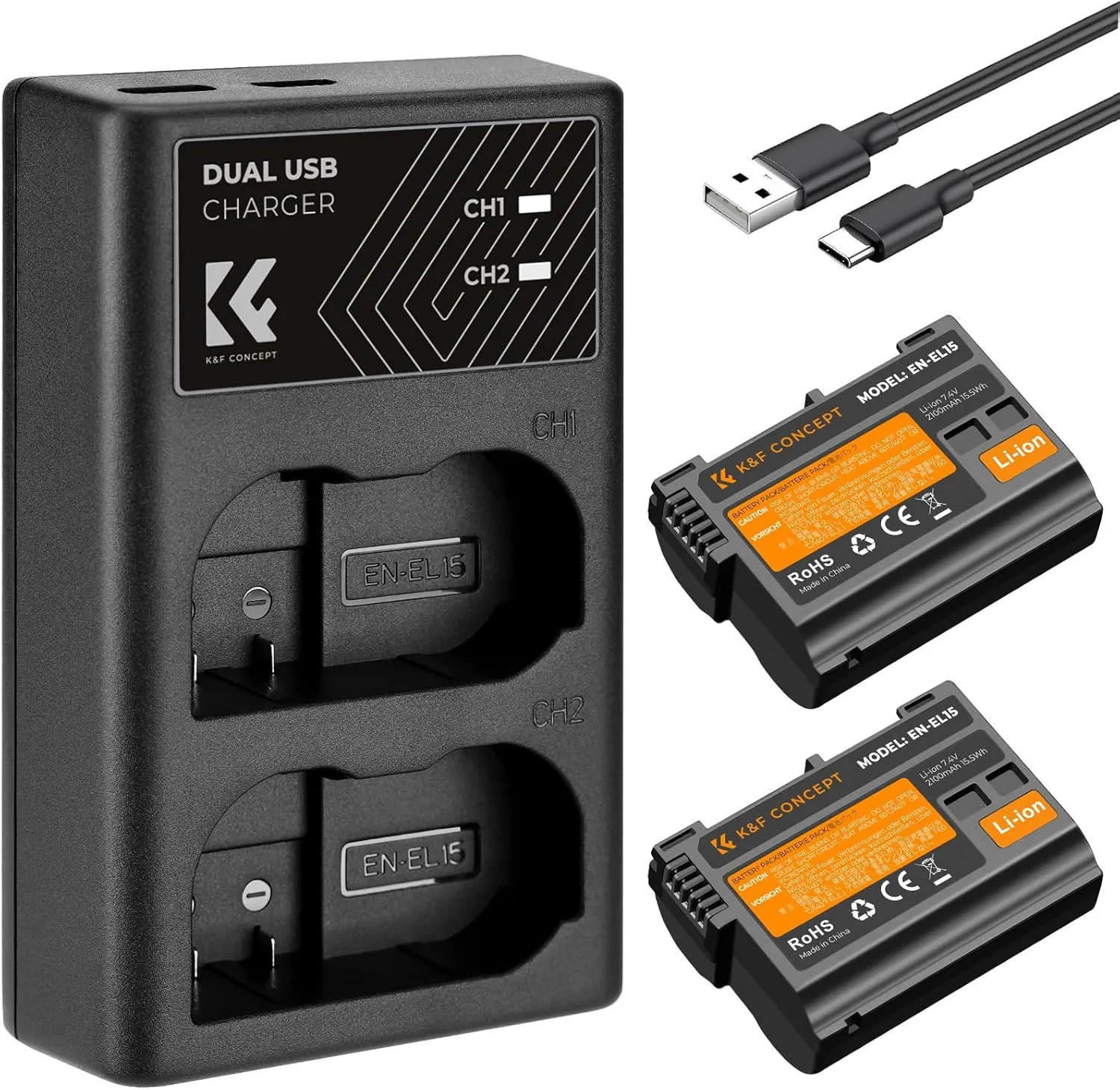 K&F Concept 2100mAh EN-EL15 EN-EL15C Battery and Dual Slot Charger for Nikon Z8 Battery Compatible with Nikon Z8 Zf Z7 Z7ii Z6 Z6ii D7500 D750 D850 D780 1V1 Camera