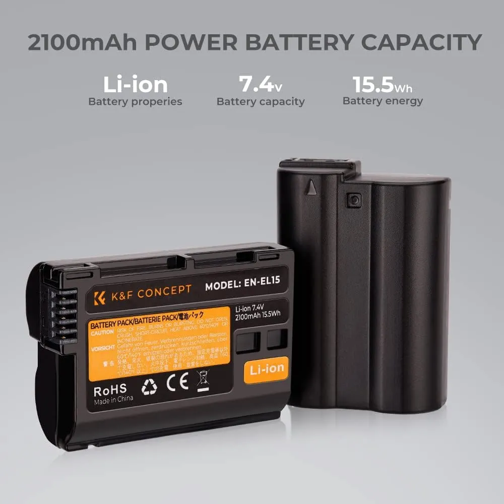 K&F Concept 2100mAh EN-EL15 EN-EL15C Battery and Dual Slot Charger for Nikon Z8 Battery Compatible with Nikon Z8 Zf Z7 Z7ii Z6 Z6ii D7500 D750 D850 D780 1V1 Camera