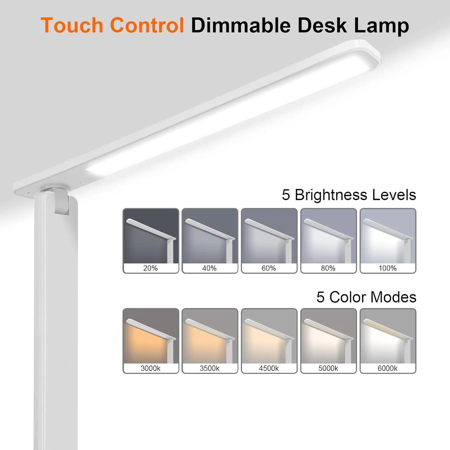 karidi LED Desk Lamp Dimmable Table Lamp Reading Lamp with USB Charging Port, 5 Lighting Modes, Sensitive Control, Foldable Portable Desk Light for Home Office Bedroom Reading (White)