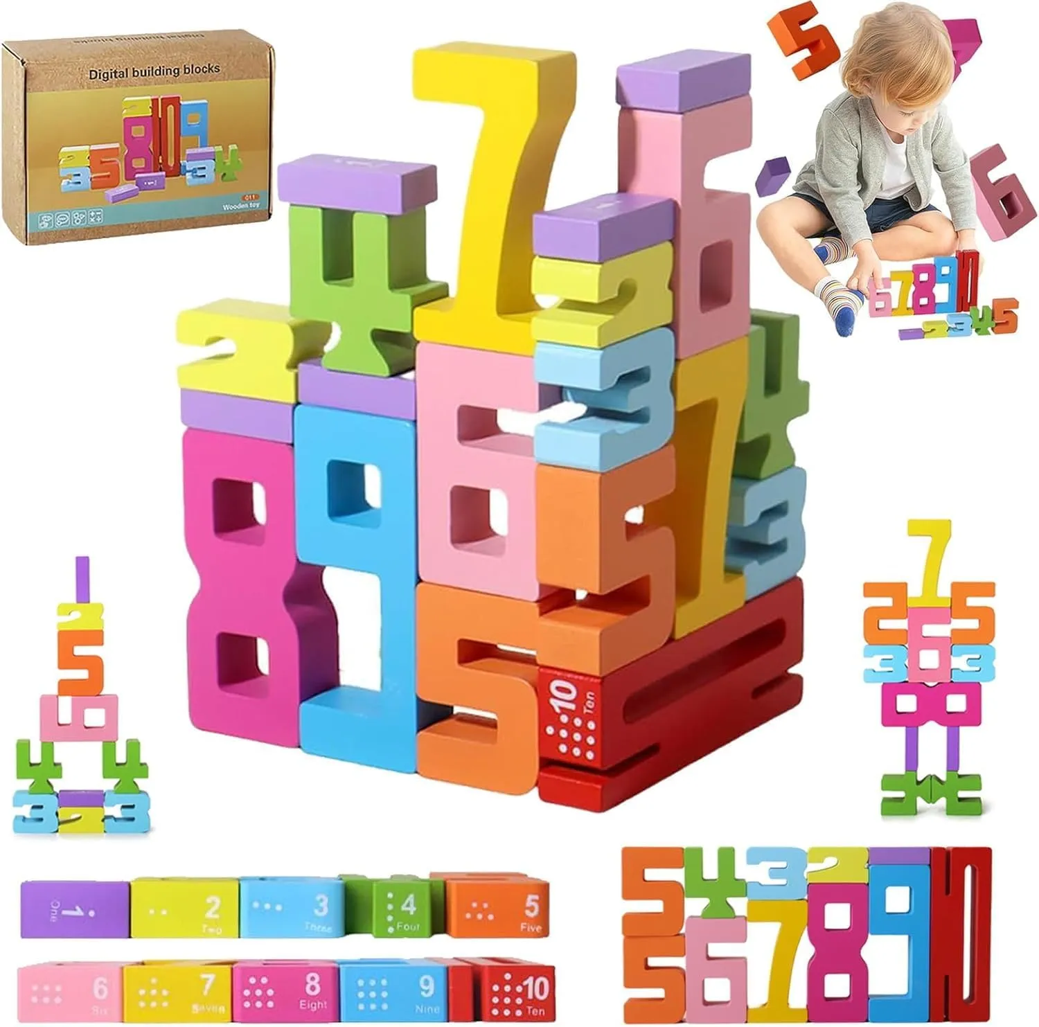 Kids Building Blocks for Toddlers 1-3, 20 Pcs Wooden Number Building Blocks, Montessori Toys for Kids Math Digital Educational Counting Toys for Preschool Learning Activities