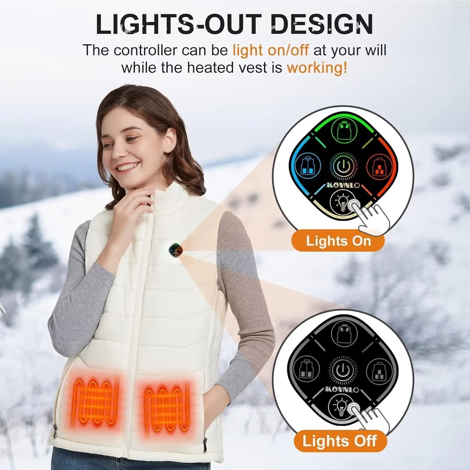 KOVNLO Womens Heated Vest, 5 in 1 Smart Controller, Lights-out Design, Electric Heated Jackets (Battery Pack Not Included)