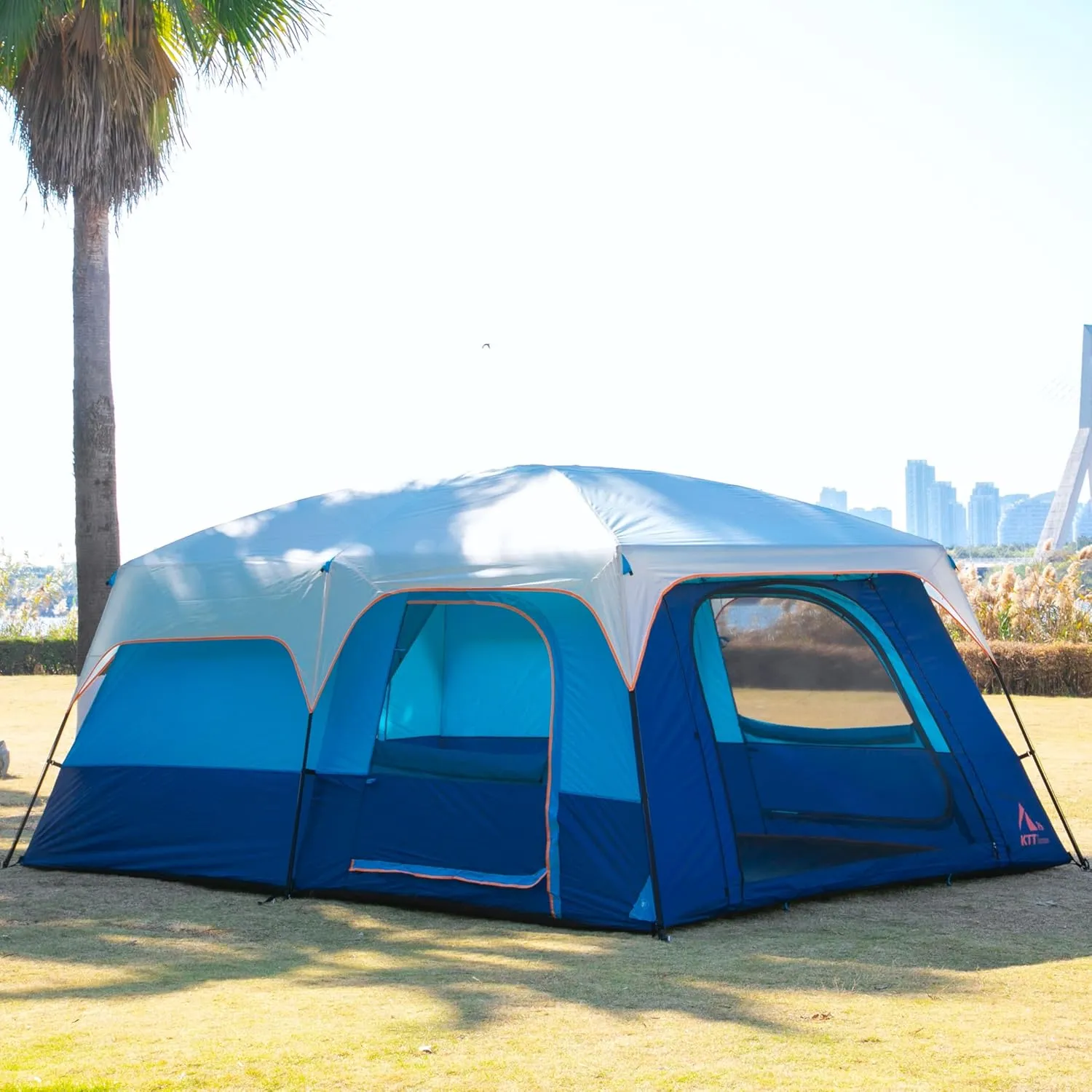 KTT Extra Large Tent 10-12-14 Person(B),Family Cabin Tents,2 Rooms,3 Doors and 3 Windows with Mesh,Straight Wall,Waterproof,Double Layer,Big Tent for Outdoor,Picnic,Camping,Family Gathering