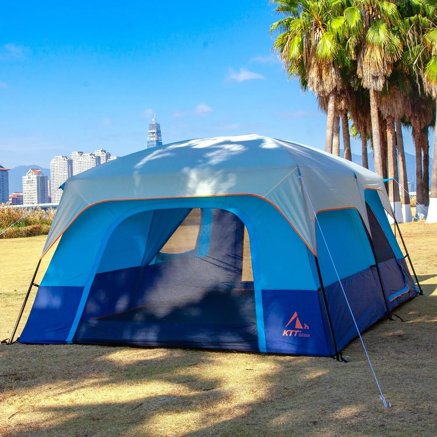 KTT Extra Large Tent 10-12-14 Person(B),Family Cabin Tents,2 Rooms,3 Doors and 3 Windows with Mesh,Straight Wall,Waterproof,Double Layer,Big Tent for Outdoor,Picnic,Camping,Family Gathering