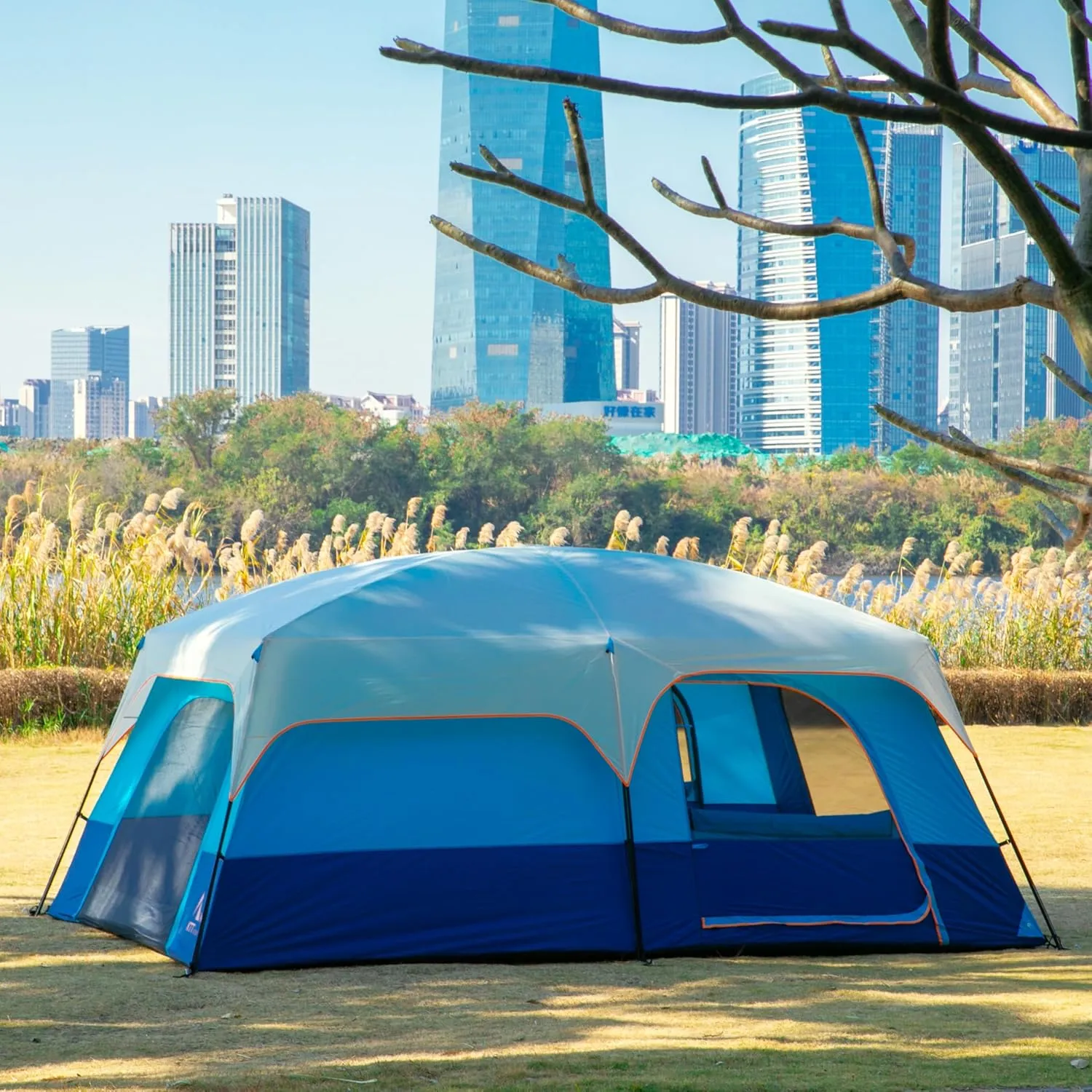KTT Extra Large Tent 10-12-14 Person(B),Family Cabin Tents,2 Rooms,3 Doors and 3 Windows with Mesh,Straight Wall,Waterproof,Double Layer,Big Tent for Outdoor,Picnic,Camping,Family Gathering