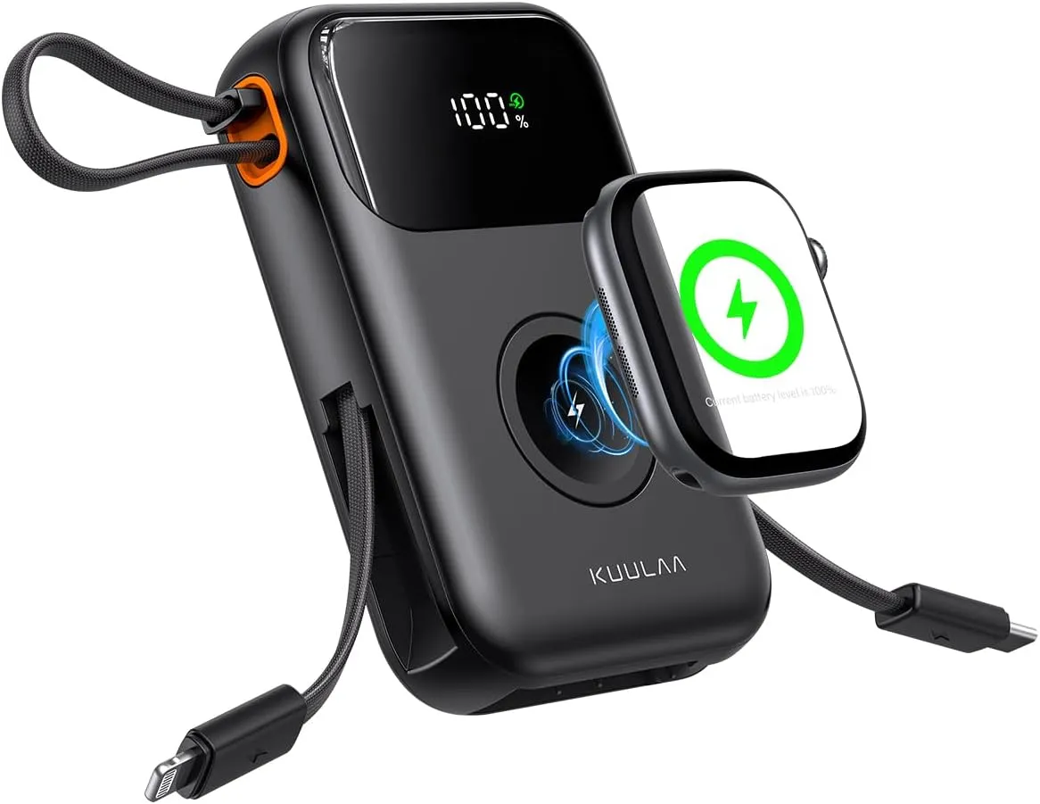 Kuulaa Portable Charger with Built-in Cables 22.5W Fast Charging Power Bank 10000mAh Compact Portable Charger with LCD Display, Portable Apple Watch Charger, Compatible with iPhone, Samsung, and More
