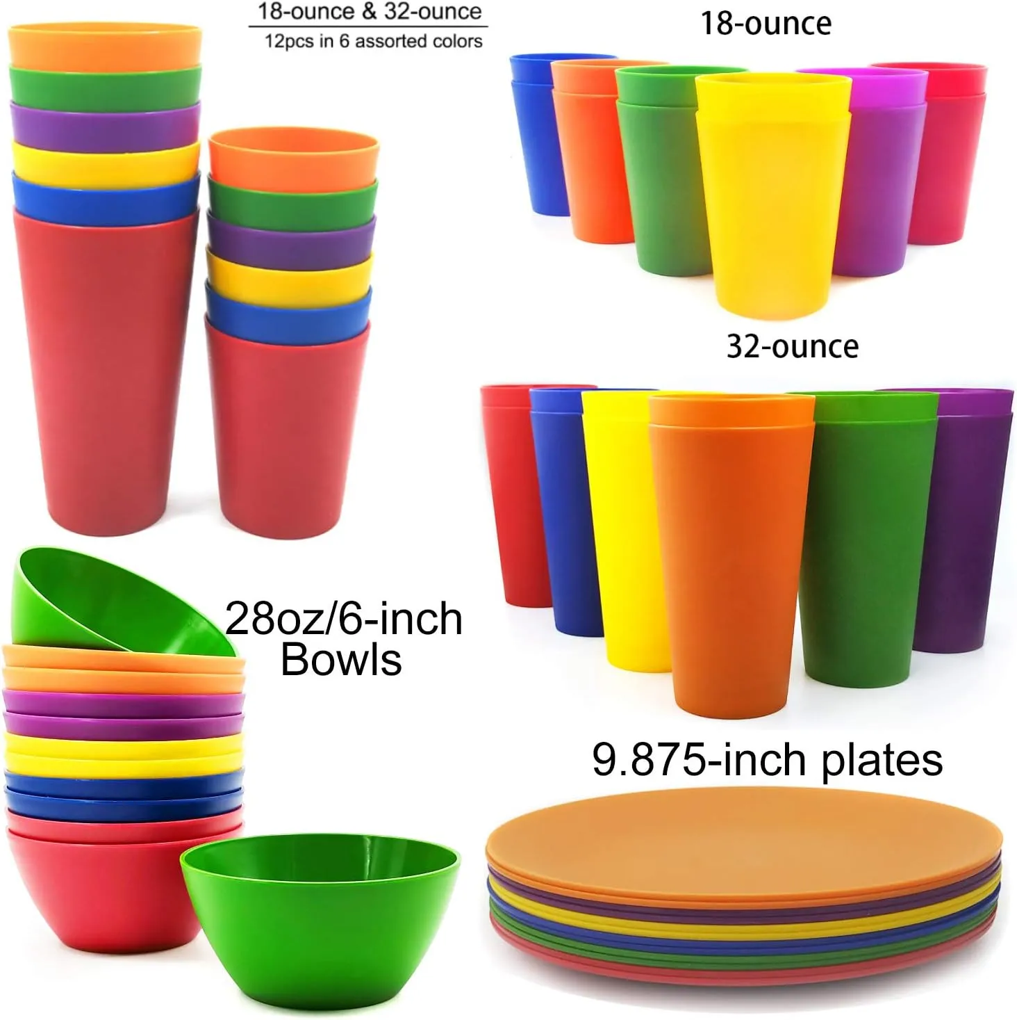 KX-WARE 32-ounce Plastic Tumblers Large Drinking Glasses, Set of 12 Multicolor - Unbreakable, Dishwasher Safe, BPA Free