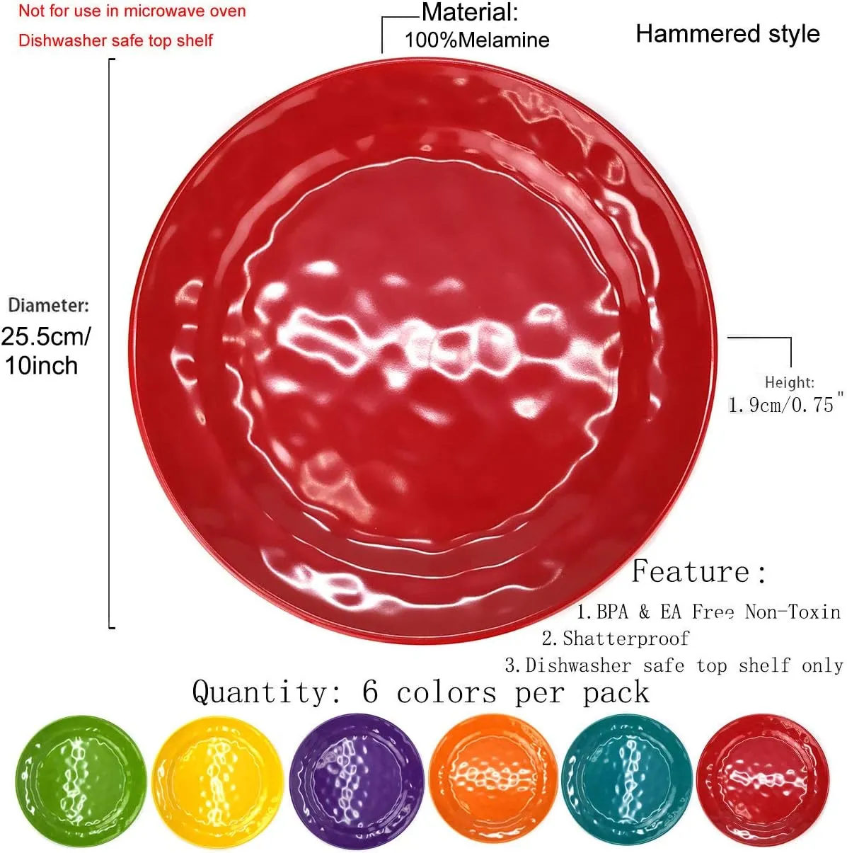 KX-WARE Melamine Plates set -10inch 6pcs 100% Melamine Dinner Plates for Everyday Use, Break-resistant and Lightweight, MultiColor
