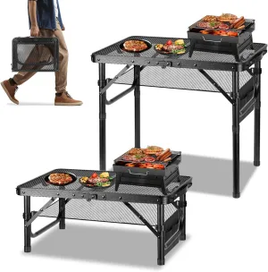 LALA IKAI Small Folding Grill Table for Outside, Metal Camping Table with Mesh Desktop and Mesh Bag, Portable Picnic Table with Carry Handle for Picnic, Patio, Dining, BBQ, Party, 23.6×15.8 inch