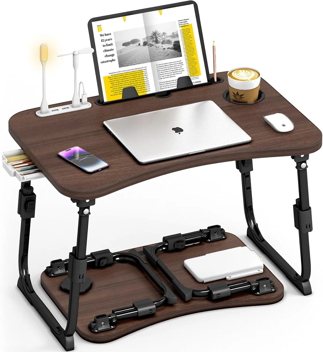 Lap Desk for Bed Adjustable Height, Foldable Bed Table with Storage Drawer, Tablet Slot & Cup Holder, Portable Laptop Stand for Bed & Sofa, Bed Desk for Adults & Kids, Walnut
