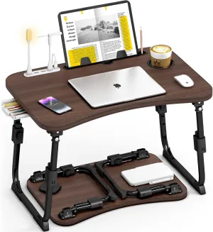 Lap Desk for Bed Adjustable Height, Foldable Bed Table with Storage Drawer, Tablet Slot & Cup Holder, Portable Laptop Stand for Bed & Sofa, Bed Desk for Adults & Kids, Walnut