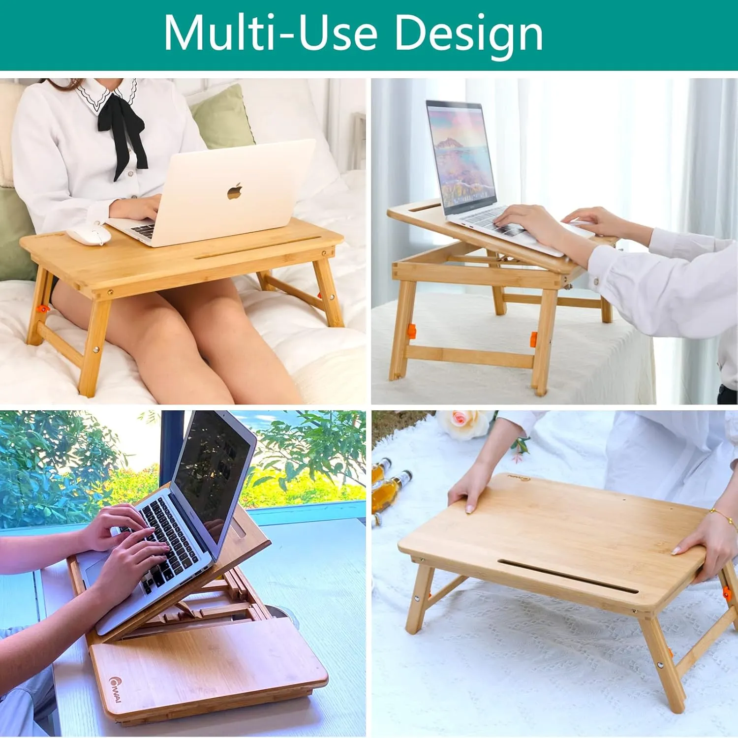 Laptop Lap Desk, COIWAI Laptop Bed Tray Table, Bamboo Adjustable Angle and Height, with Tablet Phone Hold Slot, Drawer, Foldable Portable Stand for Bed Sofa Couch for Eating Breakfast