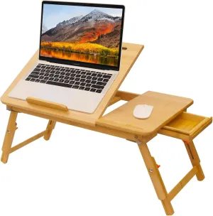 Laptop Lap Desk, COIWAI Laptop Bed Tray Table, Bamboo Adjustable Angle and Height, with Tablet Phone Hold Slot, Drawer, Foldable Portable Stand for Bed Sofa Couch for Eating Breakfast