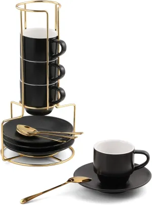 Lareina 3-Ounce Espresso Cups Set of 4, Small Stackable Coffee Cups with Saucers, Spoons and Metal Stand, Ceramic Demitasse Mugs, Black