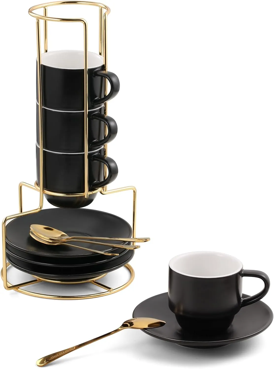 Lareina 3-Ounce Espresso Cups Set of 4, Small Stackable Coffee Cups with Saucers, Spoons and Metal Stand, Ceramic Demitasse Mugs, Black