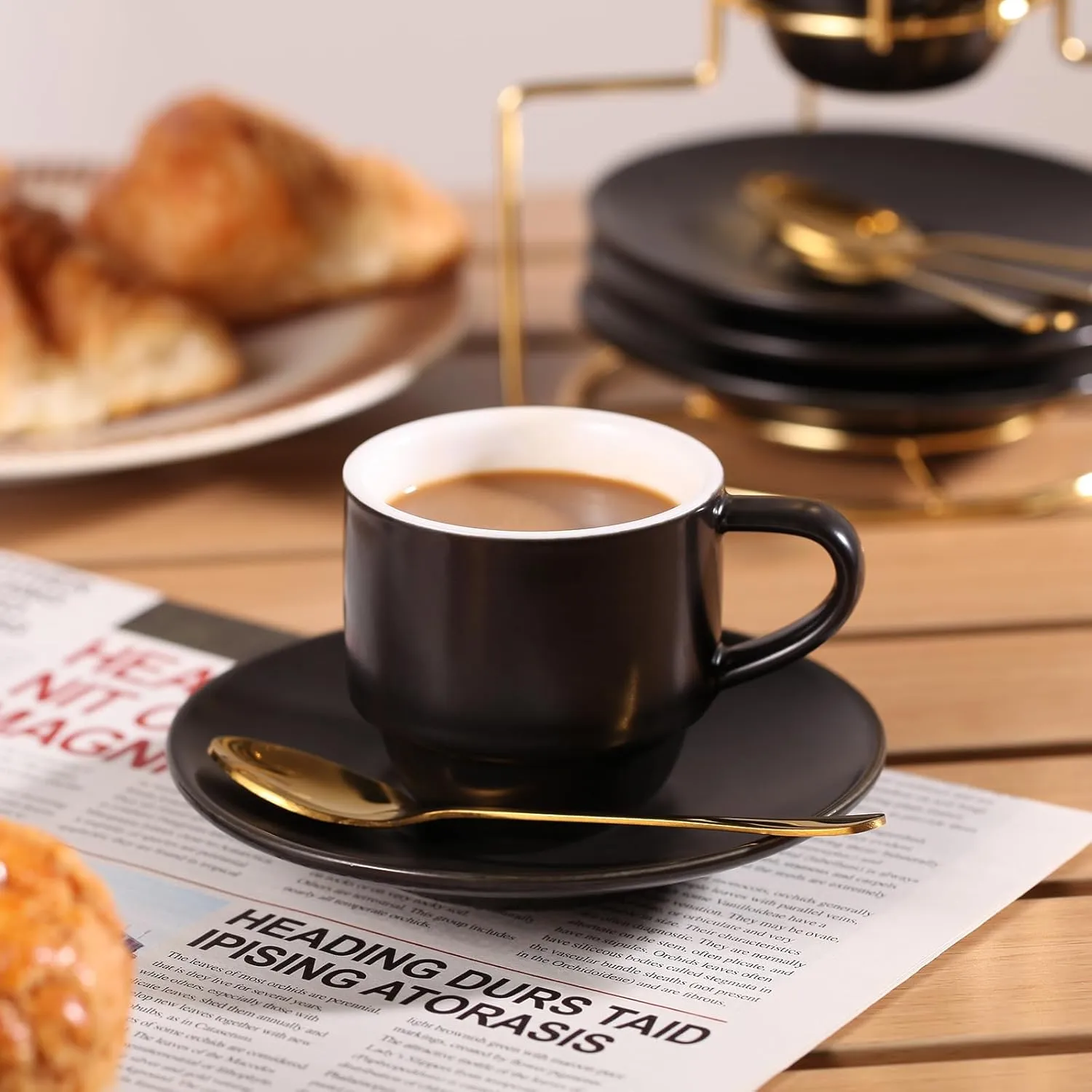 Lareina 3-Ounce Espresso Cups Set of 4, Small Stackable Coffee Cups with Saucers, Spoons and Metal Stand, Ceramic Demitasse Mugs, Black