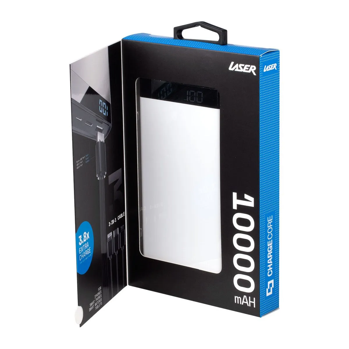 Laser 10000mAh Power Bank with 3-in-1 Cable - Black- Pink - White