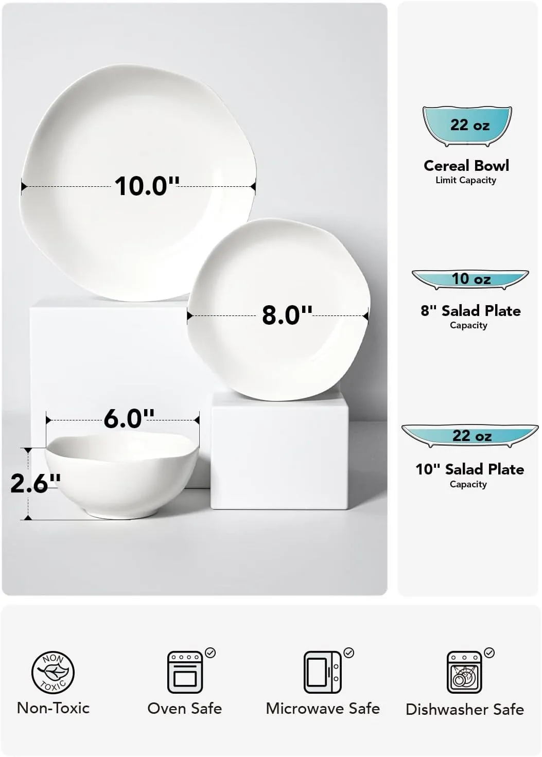 LE TAUCI Dinnerware Sets 12 Piece, Serve for 4, Ceramic Plates and Bowls Set (10" Dinner Plates   8" Salad Dish   22 oz Bowl) x 4, White