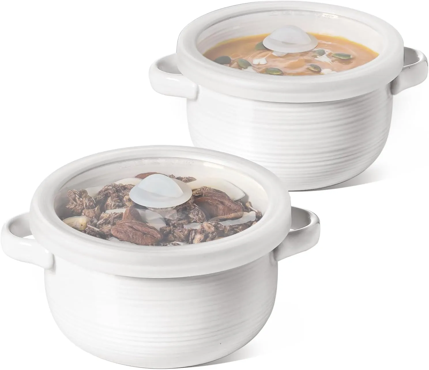 LE TAUCI Soup Bowls with Handles and Silicone Lids, 28 oz Ceramic Ramen Bowl Microwavable, Oven Safe French Onion Soup Bowls for Noodles, Cereal and Chilli, Non-Toxic Soup Crocks, Set of 2, White