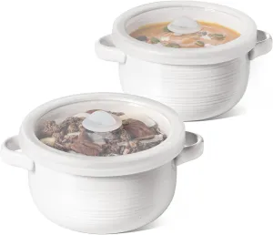 LE TAUCI Soup Bowls with Handles and Silicone Lids, 28 oz Ceramic Ramen Bowl Microwavable, Oven Safe French Onion Soup Bowls for Noodles, Cereal and Chilli, Non-Toxic Soup Crocks, Set of 2, White