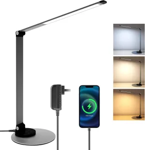 LED Desk Lamp for Home Office, Foldable Desk Light USB Charging Port Touch Control, 3 Color Temp, 6 Brightness, Metal Table Lamp Eye-Caring Reading Lamp for Desktop Study Work College Dorm