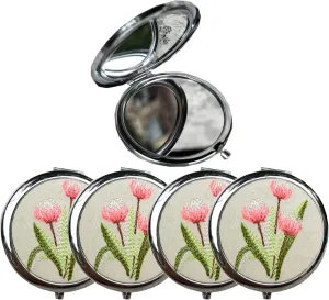 Leimandy Bridesmaid Compact Mirror Set of 4 | 7cm Double-Sided 1x/2x Makeup Mirrors Travel Makeup Mirror Wedding Party | Graduation | Birthday |Mother's Gifts L2 (Pink Tulip)