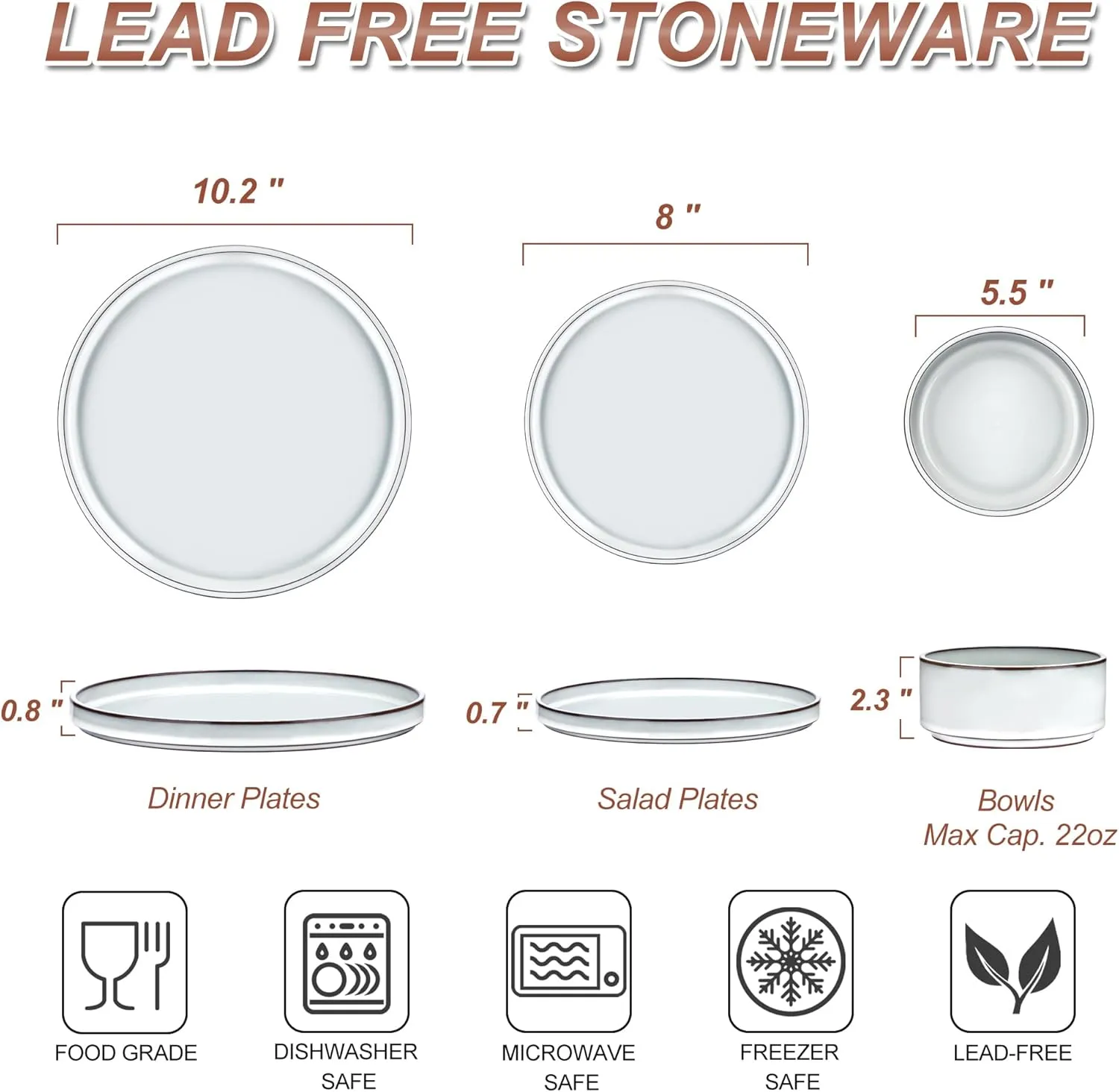 LIANYU Plates and Bowls Dinnerware Sets for 8, 24 Piece Stoneware Tableware Dishes Set Includes Dinner Dessert Plate Cereal Bowl, Rustic Terracotta Underside, Dishwasher & Microwave Safe, Lucent White