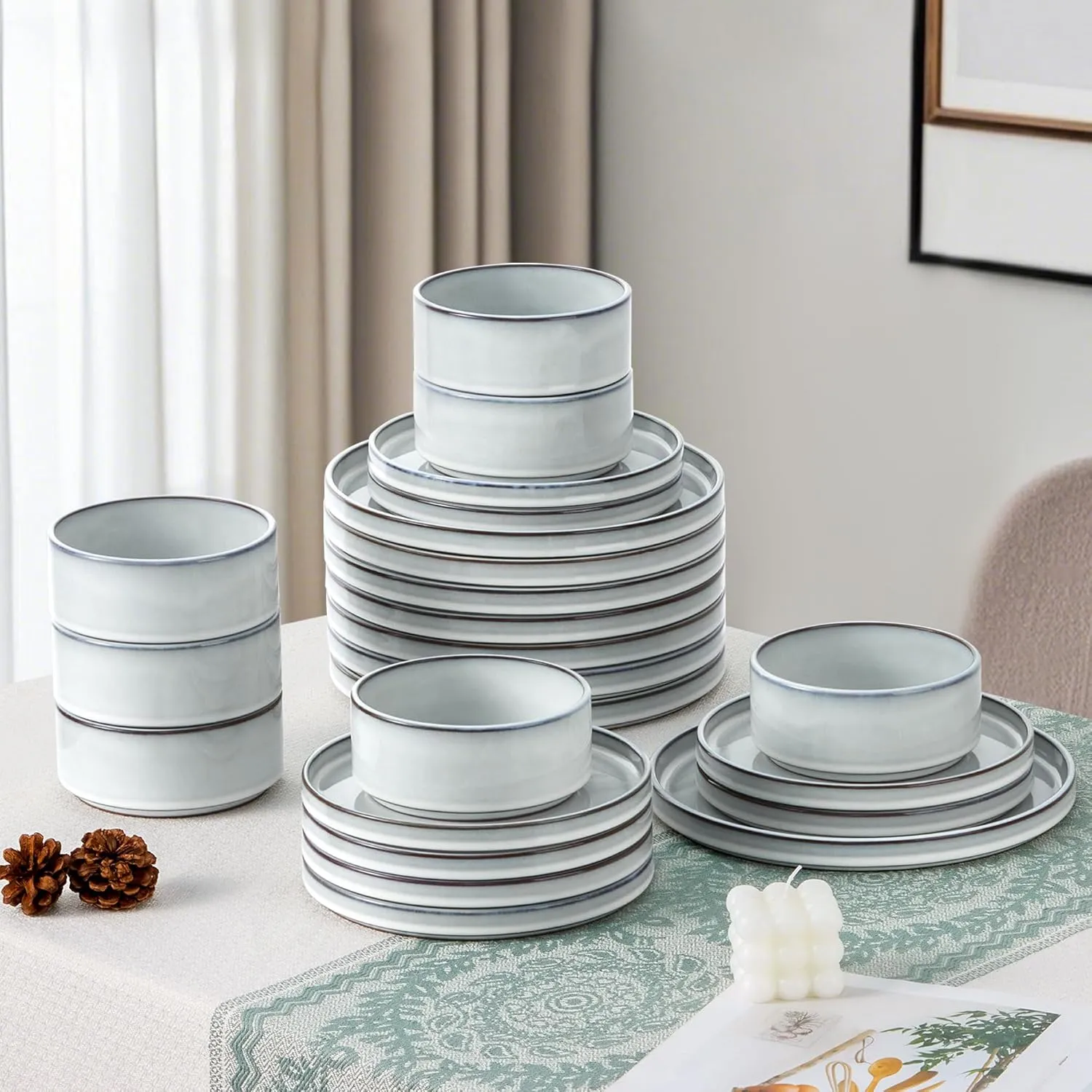 LIANYU Plates and Bowls Dinnerware Sets for 8, 24 Piece Stoneware Tableware Dishes Set Includes Dinner Dessert Plate Cereal Bowl, Rustic Terracotta Underside, Dishwasher & Microwave Safe, Lucent White