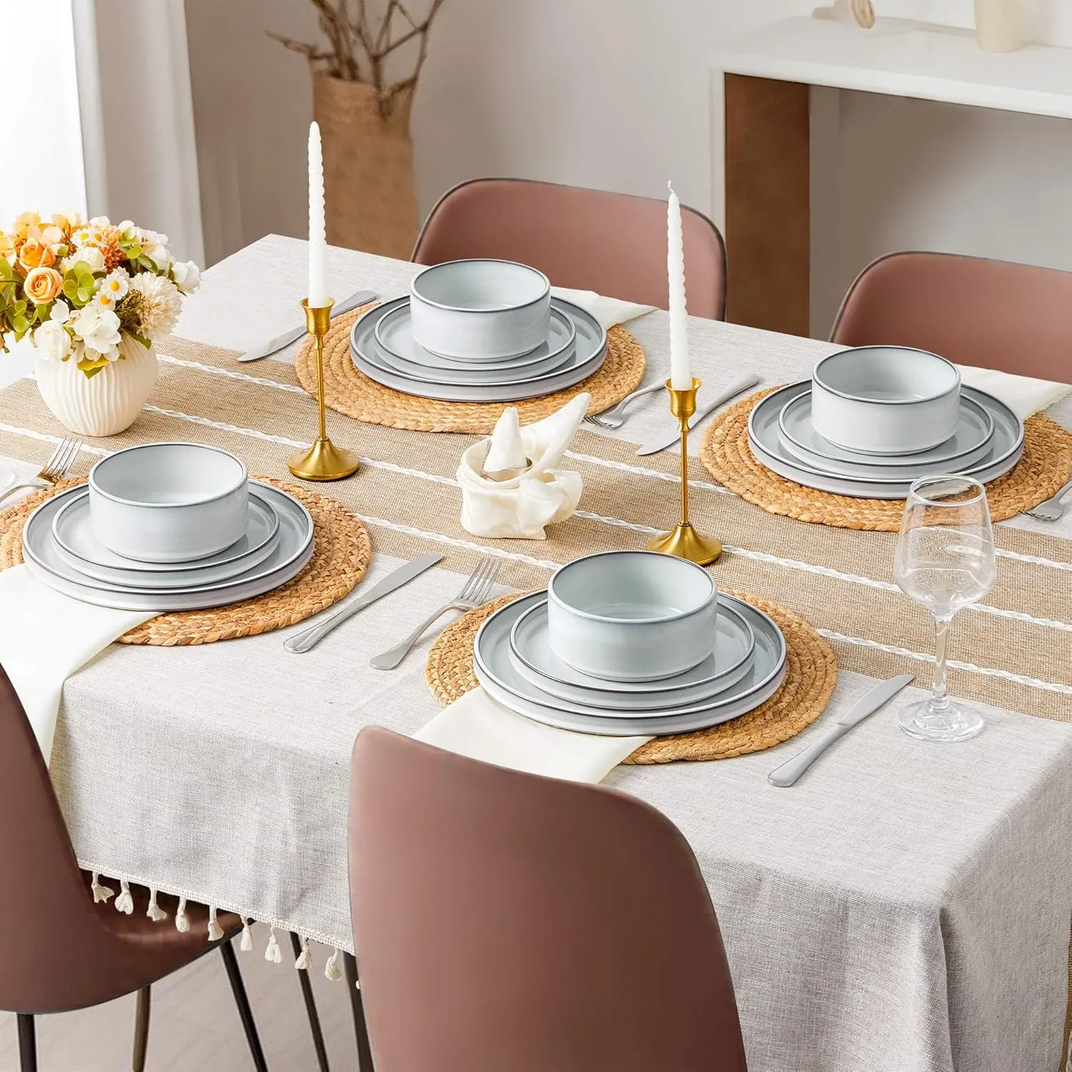 LIANYU Plates and Bowls Dinnerware Sets for 8, 24 Piece Stoneware Tableware Dishes Set Includes Dinner Dessert Plate Cereal Bowl, Rustic Terracotta Underside, Dishwasher & Microwave Safe, Lucent White