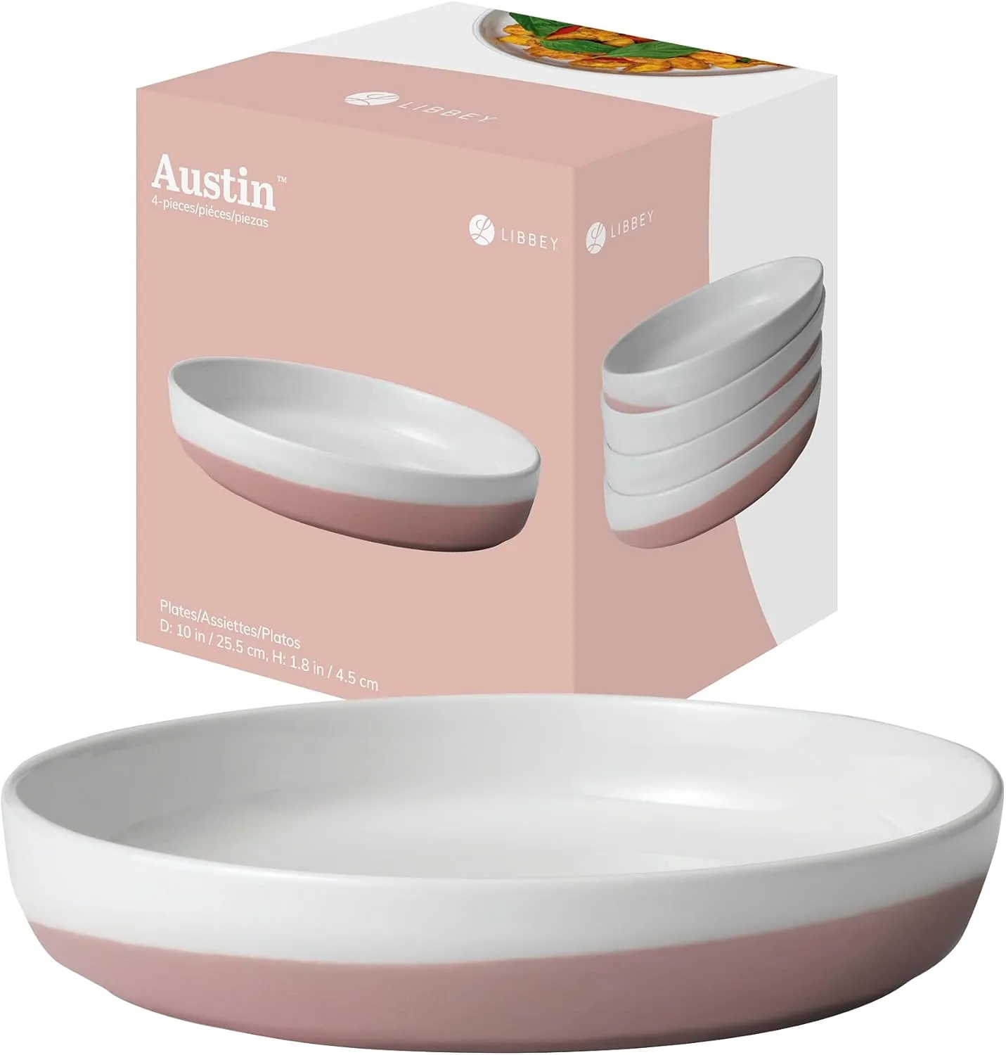 Libbey Austin Himalayan Pink Porcelain Dinner Plates, Coupe Style Pink Dinner Plates Set of 4, Stackable Ceramic Plates Set for Holidays, Daily Use