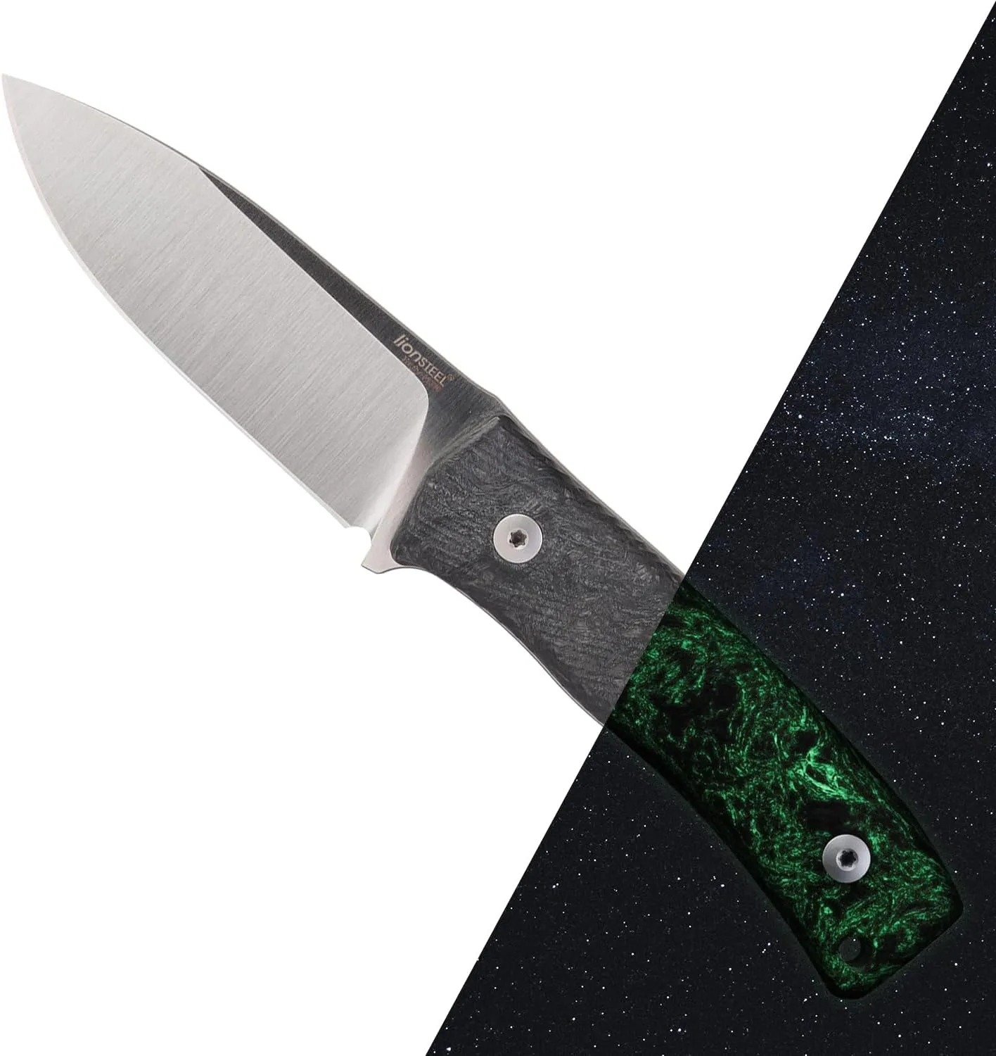 LionSTEEL M4 Fixed Blade FatCarbon Glow in the Dark Carbon Fiber Handle Scales, Full Extended Tang Construction, M390 Steel Blade, Triple Stitched Leather Sheath, KAVISO Exclusive
