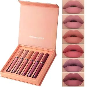 Lipstick Set of 6 Matte Velvet Mini Liquid Lipsticks for Women - Long-lasting, Waterproof Lip Gloss Combo.
