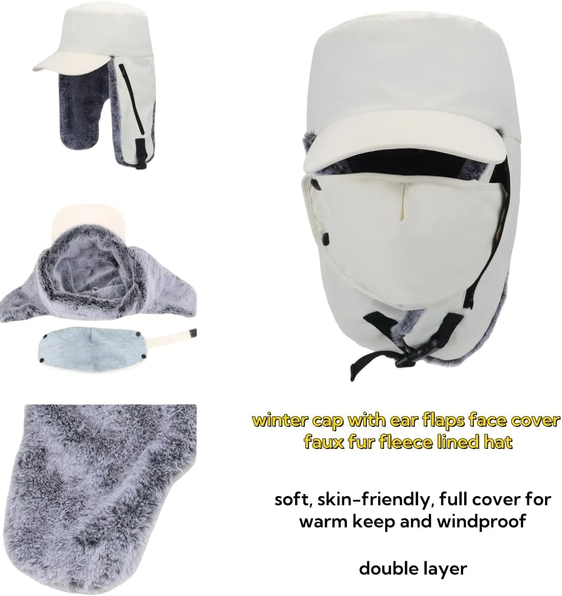 LLmoway Trapper Hat Warm Faux Fur Winter Cap with Ear Flaps Windproof Waterproof Snow Ski Hats for Men Women Cold Weather