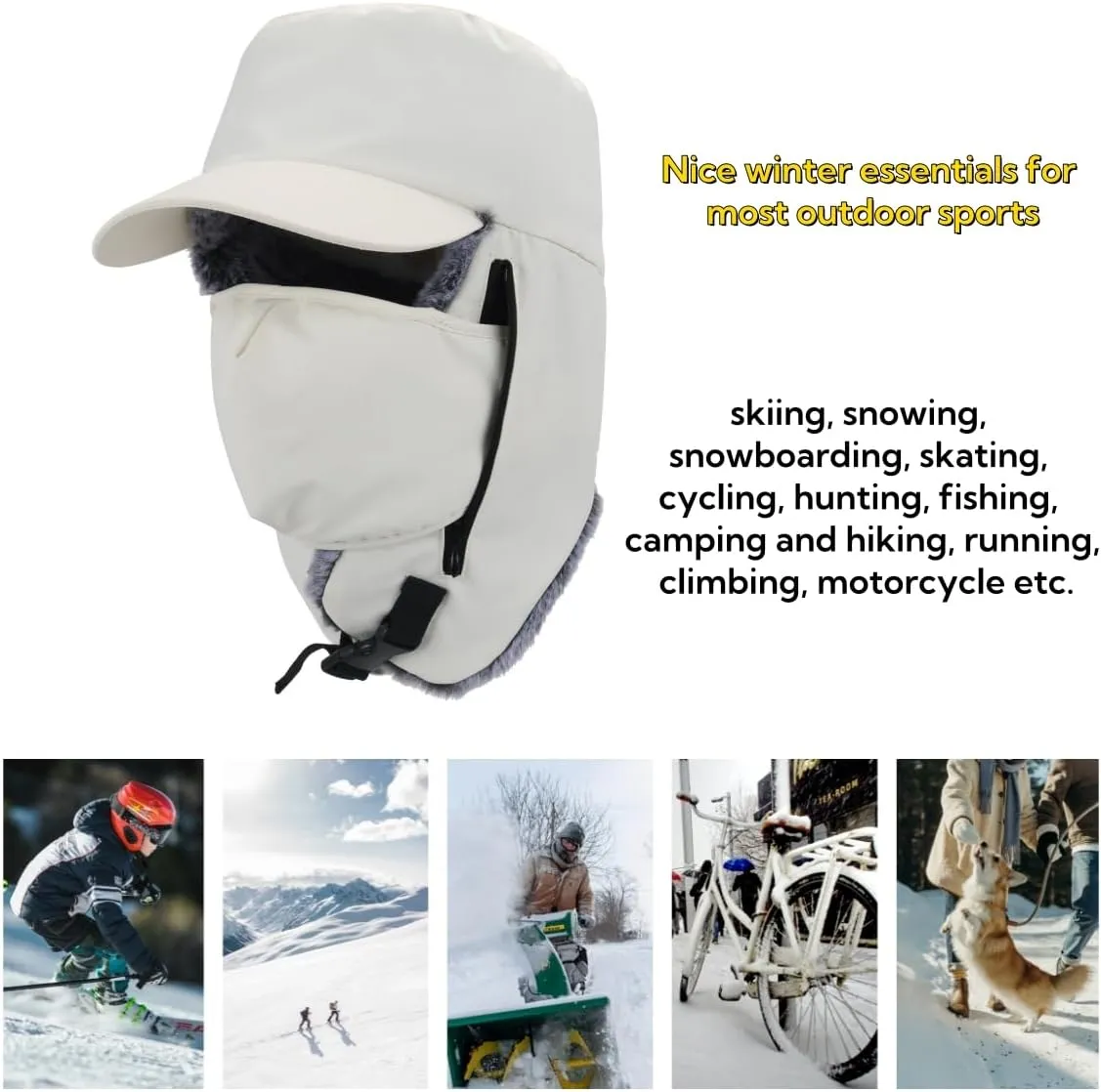 LLmoway Trapper Hat Warm Faux Fur Winter Cap with Ear Flaps Windproof Waterproof Snow Ski Hats for Men Women Cold Weather