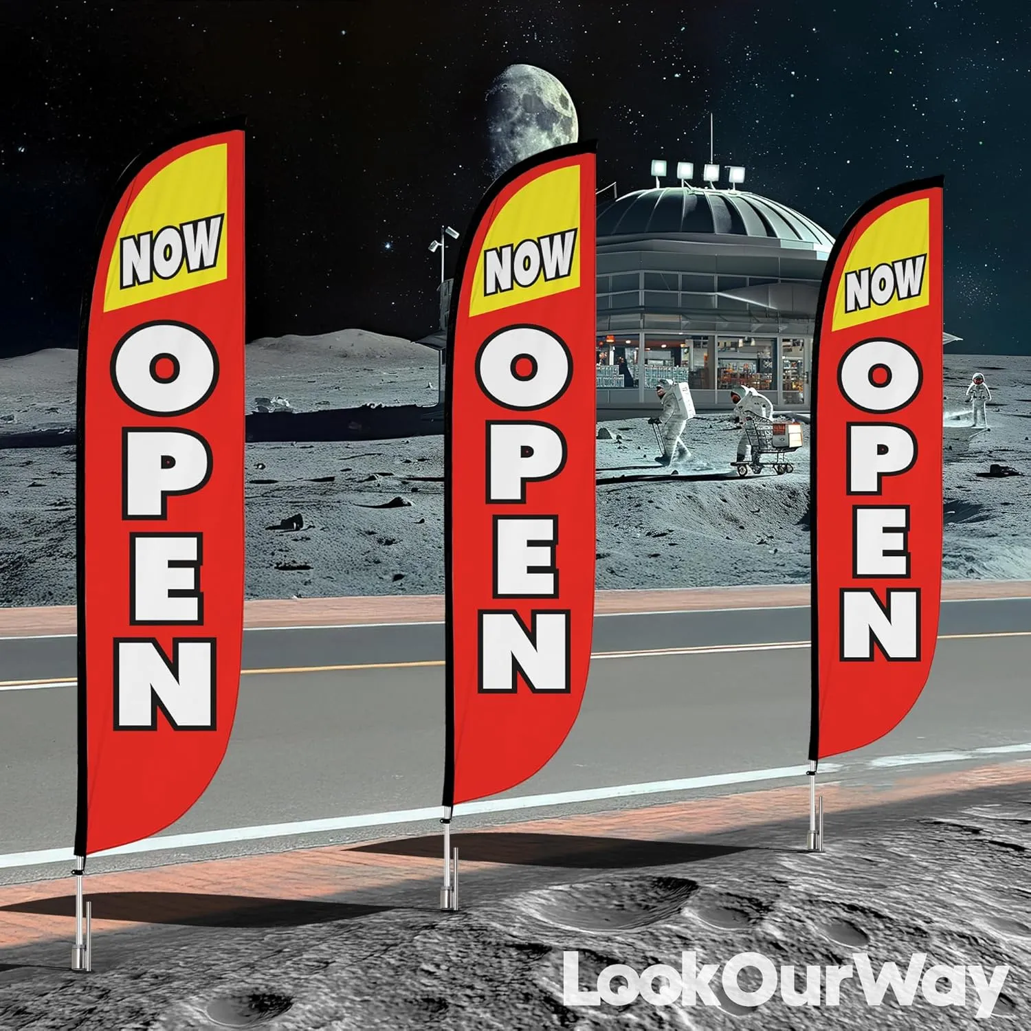 LookOurWay Feather Flag Pole Kit - 12 Feet Tall Advertising Flag Banner with Fiberglass Pole Kit and Ground Spike for Business Promotion - Grand Opening Flags - Now Open Red & Yellow (10M1200030)