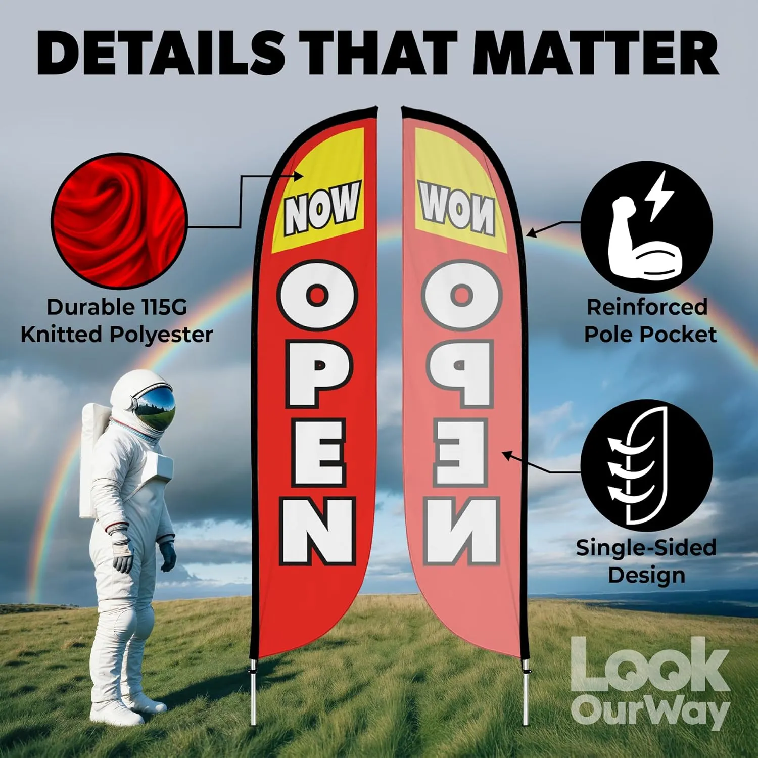 LookOurWay Feather Flag Pole Kit - 12 Feet Tall Advertising Flag Banner with Fiberglass Pole Kit and Ground Spike for Business Promotion - Grand Opening Flags - Now Open Red & Yellow (10M1200030)